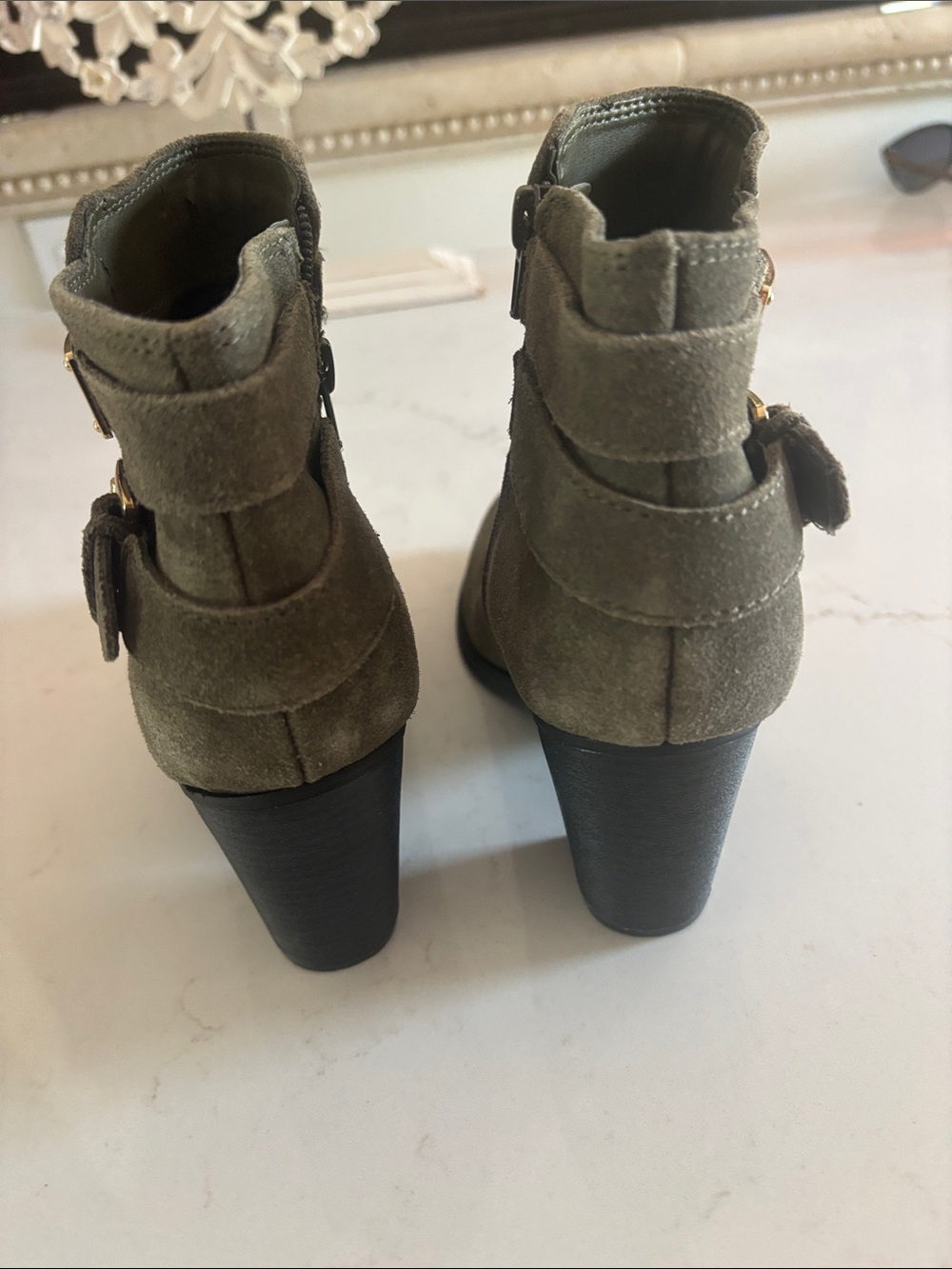 GUESS Olive Green Suede Ankle Boots with Gold Accents - Picture 5 of 8